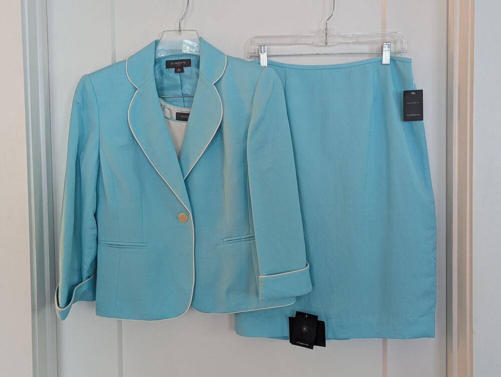 NWT Liz Claiborne 3 Pc Skirt Suit Set Sz6 Aqua Blue Blazer Tank Top Mod Work